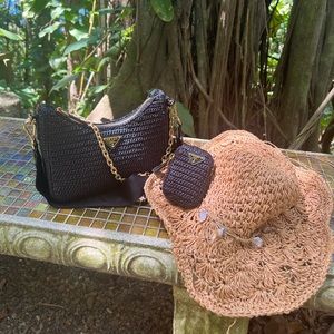 Prada raffia black and gold bag have receipt